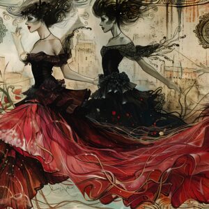 Abstract Painting Four Women Red Black Dresses