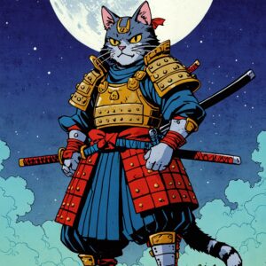 Anime Cat Samurai in Traditional Armor Wielding Katana Under Full Moon