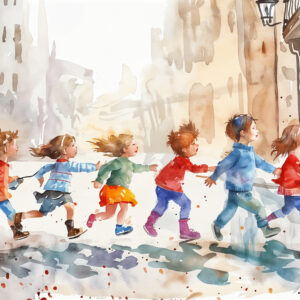 Children Playing Street Watercolor