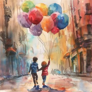 Children Playing Street Water colour