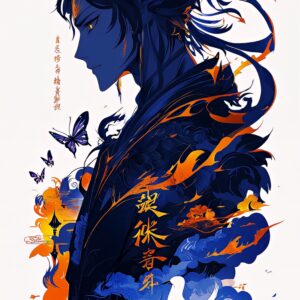 Fantasy Anime Character with Blue & Orange Abstract Design