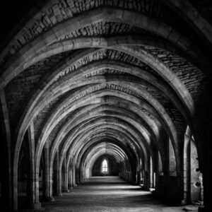 Vertical Shot Hallway Black & White Crypt Fountains Abbey