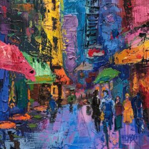 Vibrant Abstract Painting Bustling City Street with Colorful Buildings