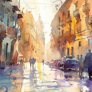Vibrant Watercolor Painting Bustling City Street