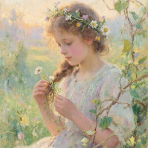 Young Girl Braiding Wildflowers Sunlit Meadow